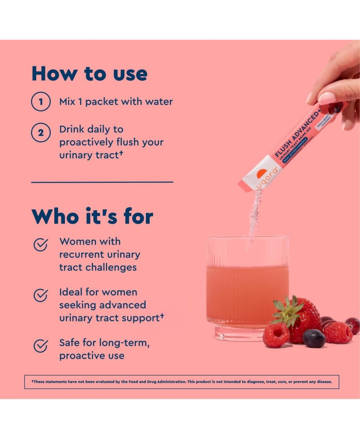 Uqora Flush Advanced+ - Helps Reduce Risk of Recurrent Uti - Cranberry, D-Mannose, Vitamin C, Vitamin B6 and Potassium - Triple Berry