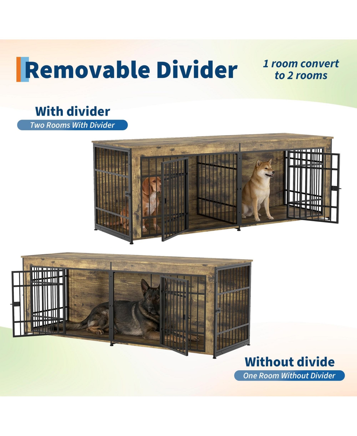 homfan Heavy Duty Wooden Dog House Furniture, Double 3-in-1 Kennel, Multifunctional End Table Tv Stand