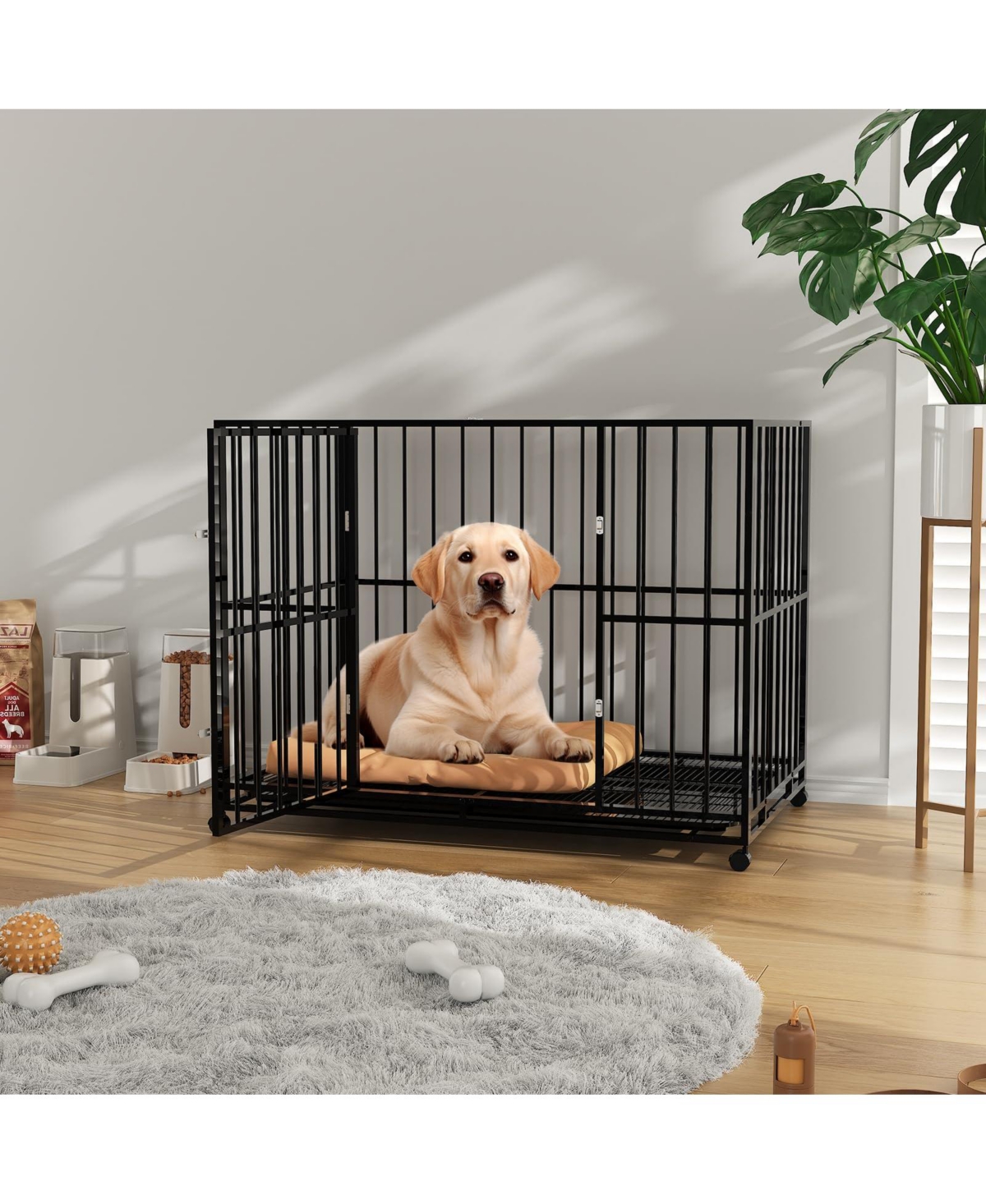 homfan Heavy Duty Dog Crate for Large Breeds, Steel Kennel with Locking Wheels