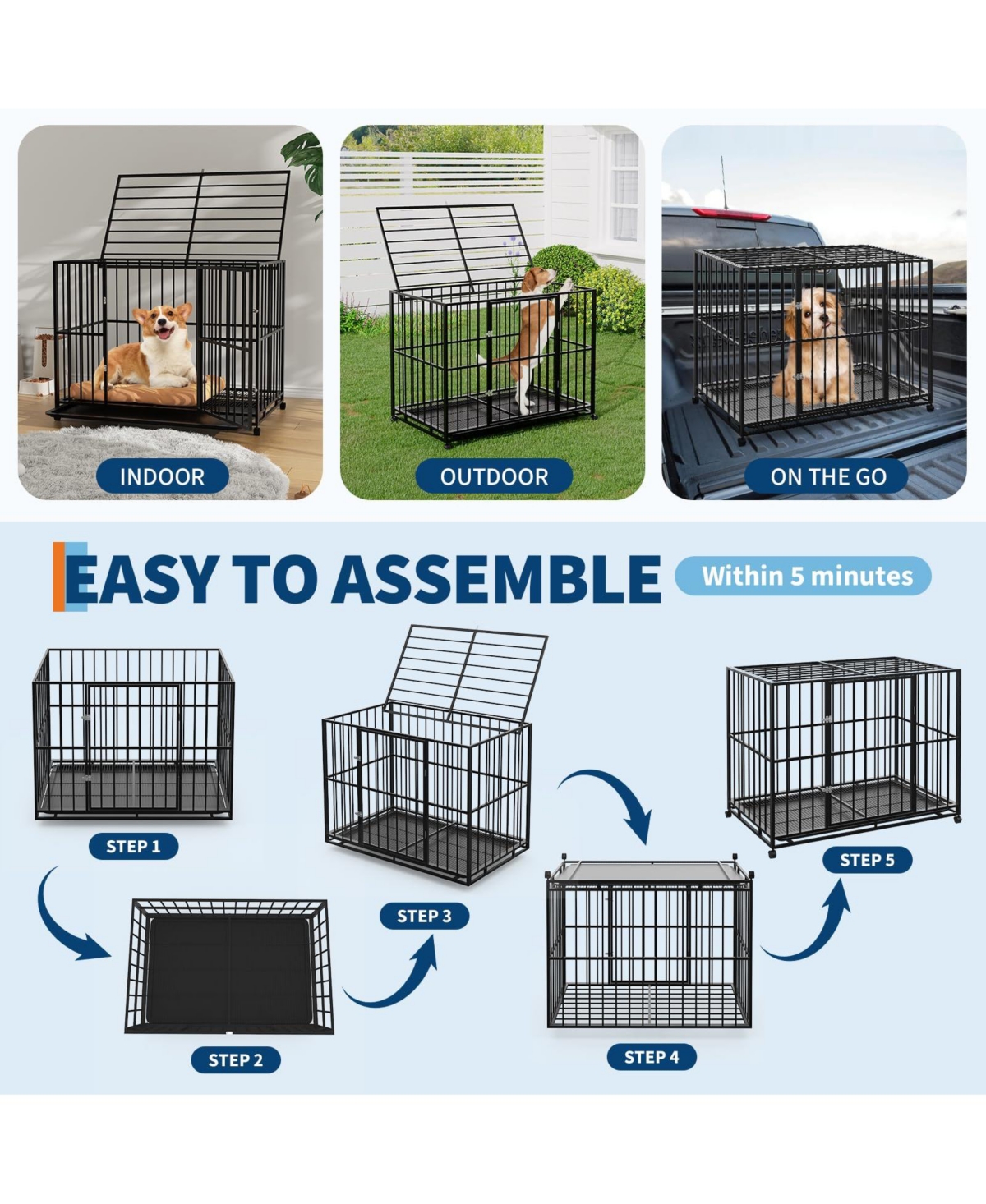homfan Heavy Duty Dog Crate for Large Breeds, Steel Kennel with Locking Wheels