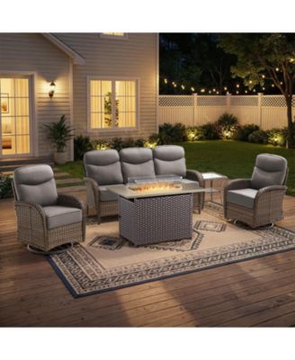  Cushion Patio Furniture Set with Fire Pit Table, High Back Swivel Rocker Patio Chairs with Outdoor Couch, Outdoor Wicker Conversation