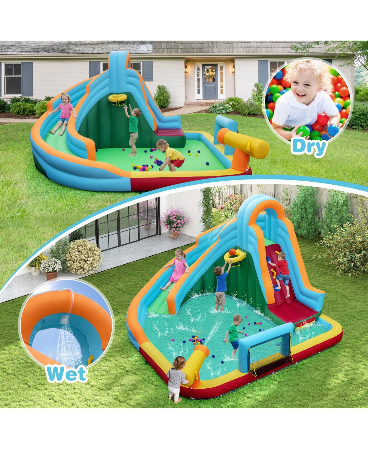 Gymax Inflatable Water Slide Park 6-in-1 Giant Bounce House Long Slide Splash Pool