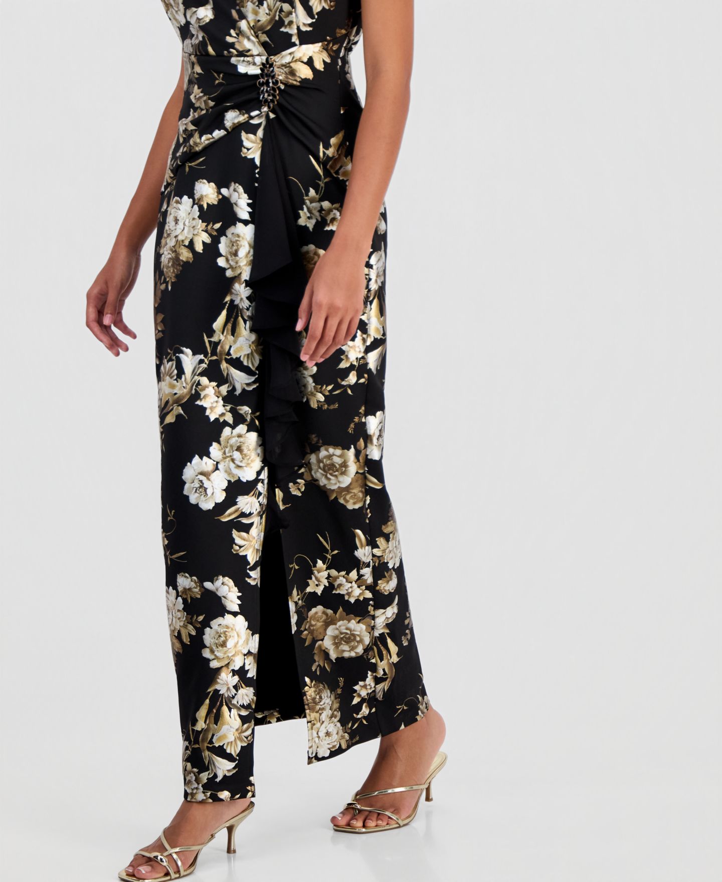 Женское платье Connected Floral-Print Ruffle V-Neck, цвет: Чёрный — фото 4