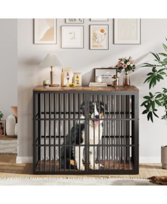 Dog Crate Furniture 47 Inch Metal and Wood Indoor Kennel with 3 Lockable Doors for Medium and Large Dogs
