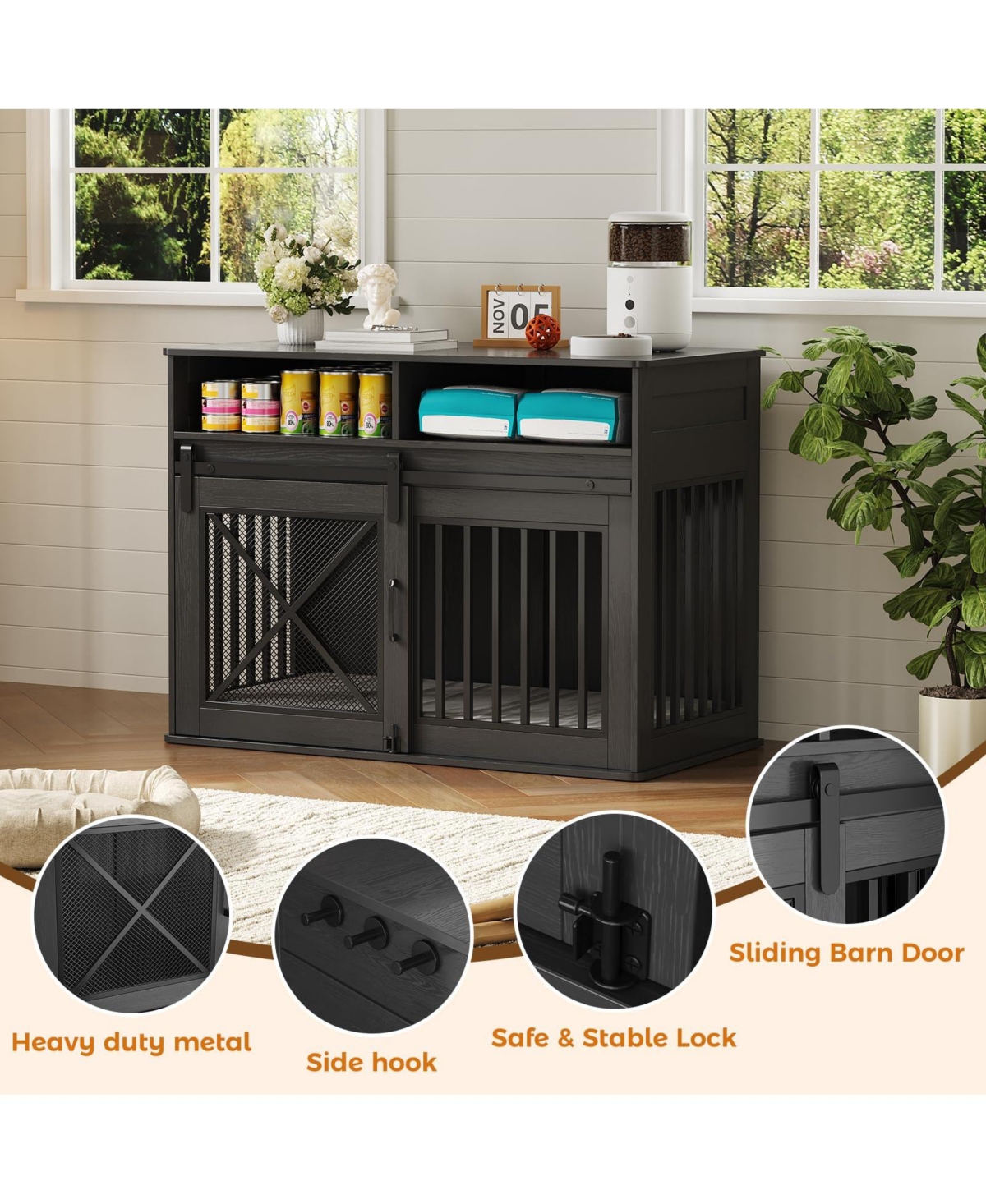 homfan Dog Crate Furniture Wooden Heavy Duty Indoor Kennel, Storage Drawers