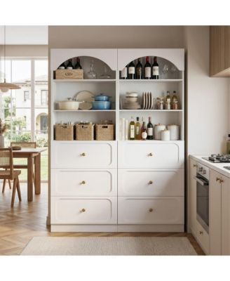 2Piece Wooden Pantry Storage Cabinets with 3-Tier Open Shelves