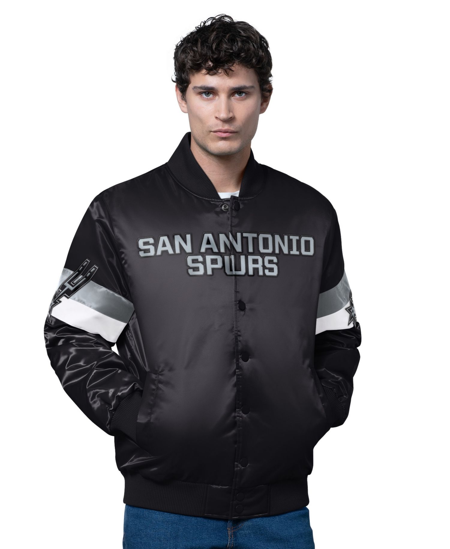 Men's Black San Antonio Spurs Triple Option Varsity Full-Snap Satin Jacket