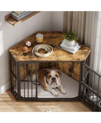 42.5inch Corner Dog Crate Furniture, Wooden Indoor Kennel with Feeding Bowls & Revolving Door, End Table for Small Dog