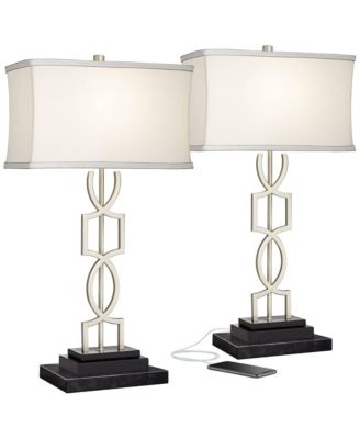 Evan Modern Table Lamps Set of 2 with Black Risers 28 1/2" Tall Brushed Nickel with USB Charging Port White Shade for Bedroom Living Room