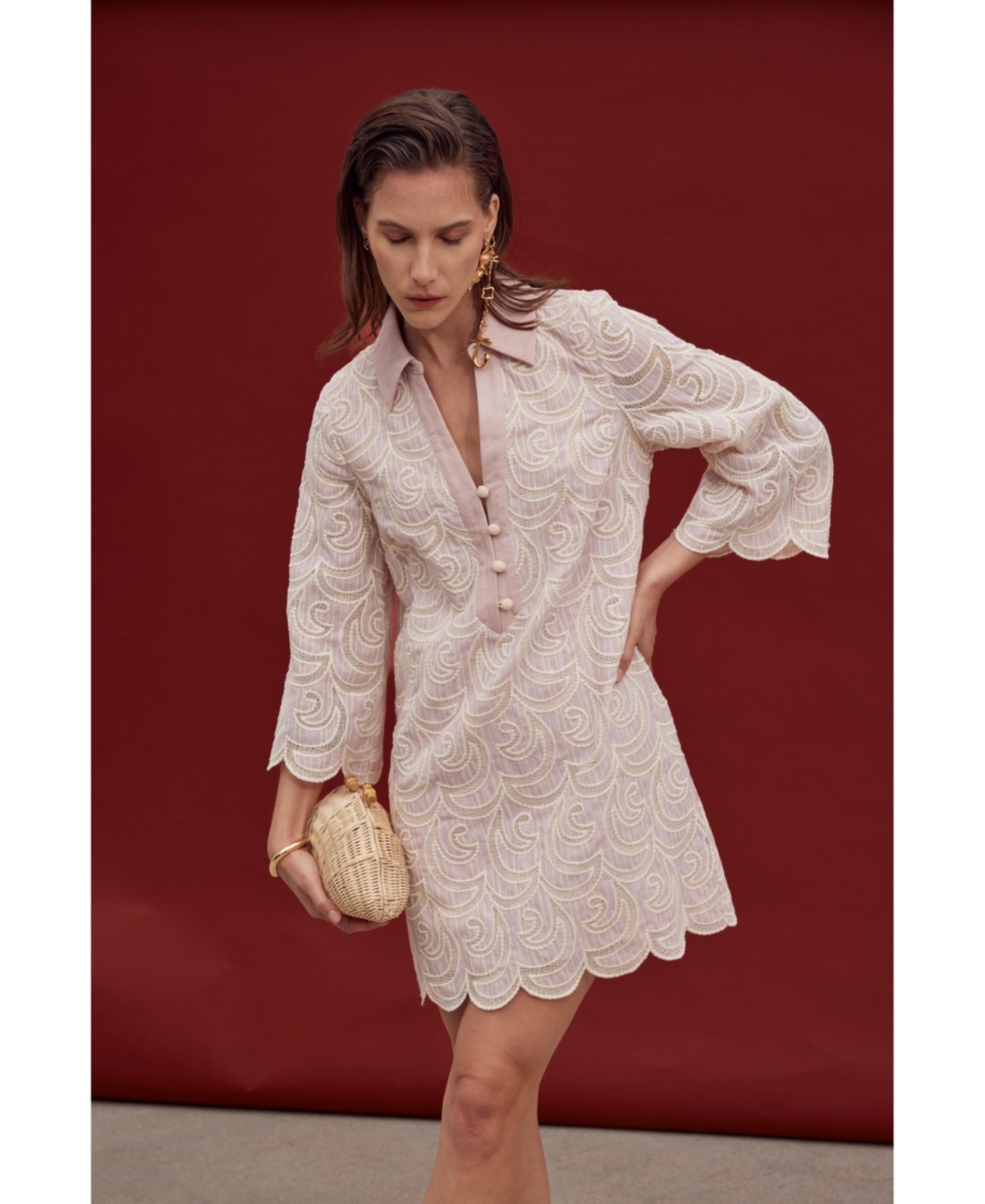 English Factory Women's Striped Embroidered Scallop Hem Shirt Mini Dress