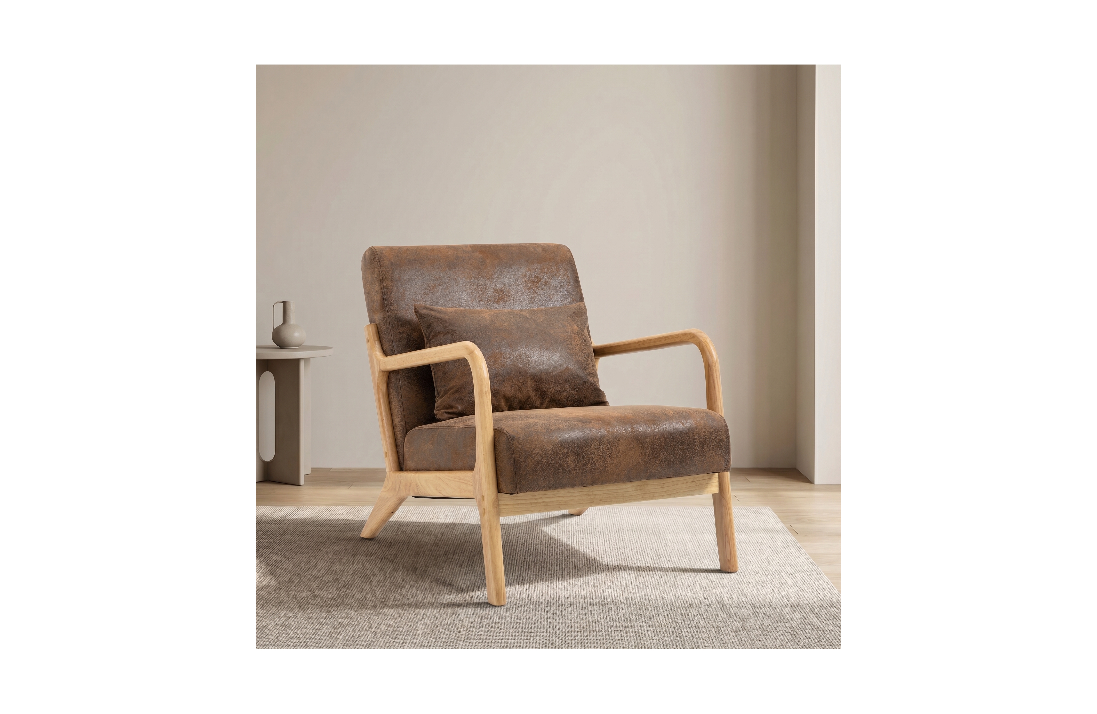 Clihome Mid Century Modern Accent Chair with Wood Frame, Upholstered Living Room Chairs Waist Cushion, Reading Armchair