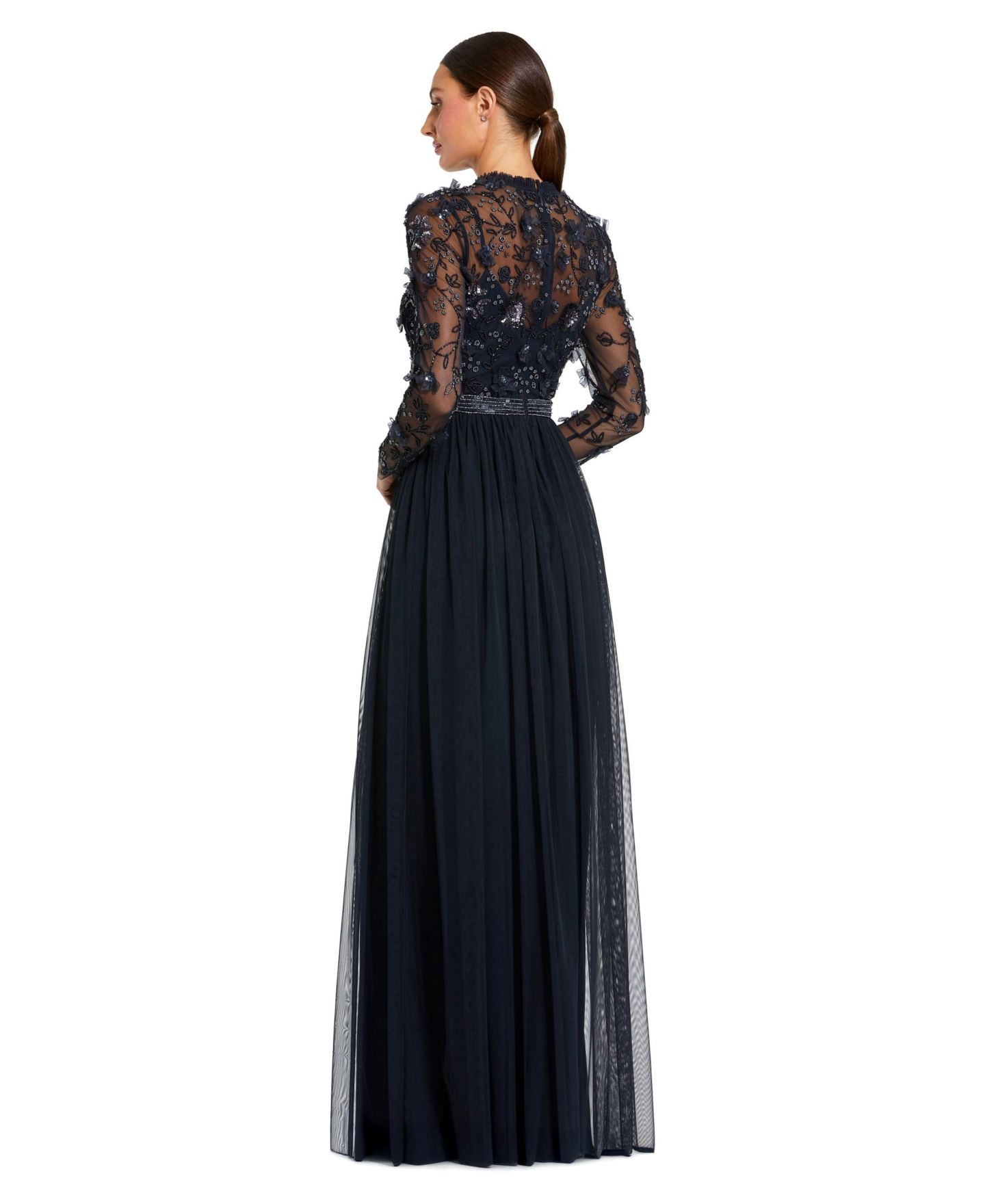 Женские платья Mac Duggal Embellished Illusion High Neck Long Sleeve Gown, цвет: Тёмно-синий — фото 2