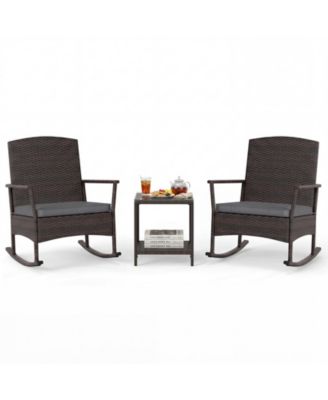 3 Piece Patio Rocking Bistro Set 2 Rattan Armchairs w/ 2-Tier Side Table