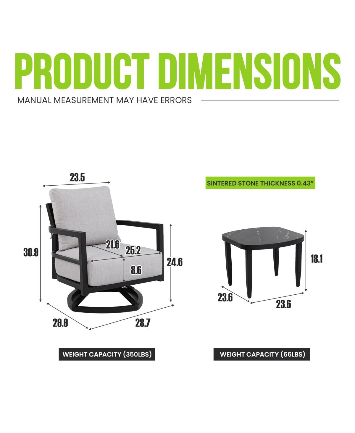 Asagikoiai 3-Piece Outdoor Aluminum Swivel Lounge Chair Set with Sintered Stone Table