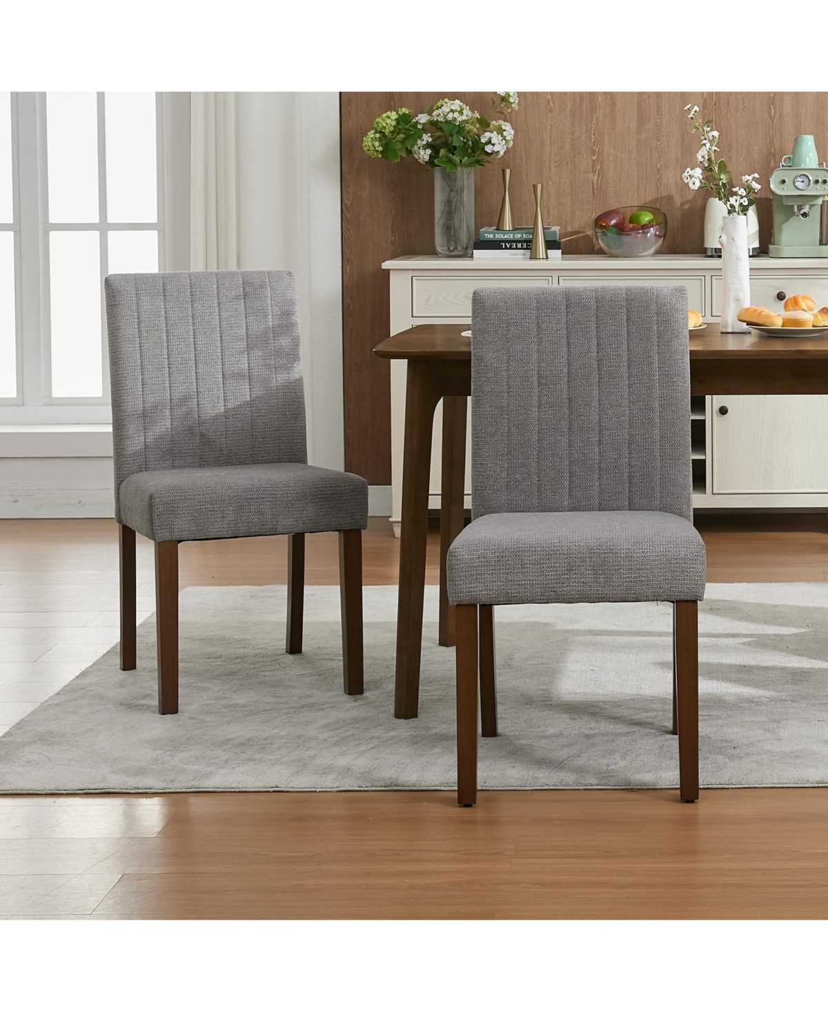 homfan Upholstered Parsons Dining Chairs with Wood Legs, Linen Fabric Side Set