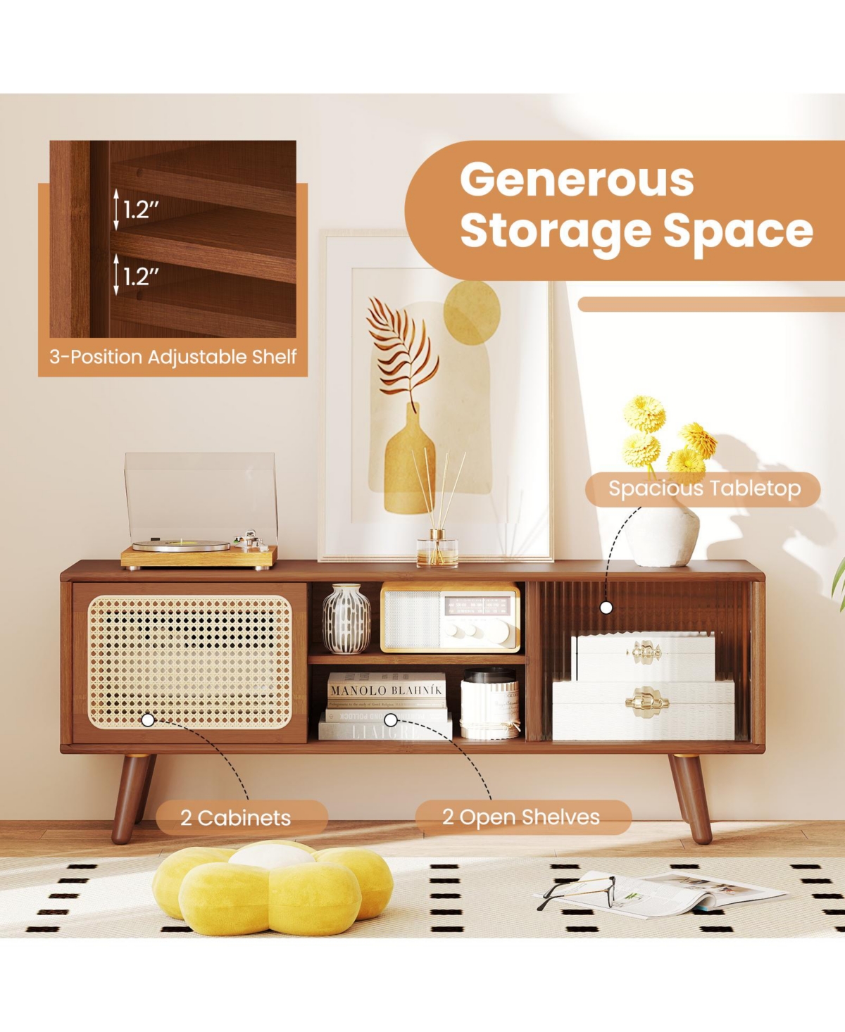Slickblue Modern Tv Stand with Rattan Glass Sliding Doors and Media Storage