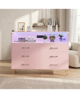 6-Drawer Dresser for Bedroom with LED Lights and Built-In Outlets, Engineered Wood and Metal Frame