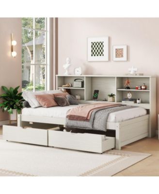 Twin Size Bed Frame with Side Bookshelves, 2 Drawers, Built-in USB and Type-C Ports, No Box Spring Needed