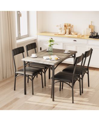 5 Piece Dining Table and Chair Set Rectangular Metal and Wood Table, Upholstered Chairs, Space Saving Design for Apartment or Small Spaces