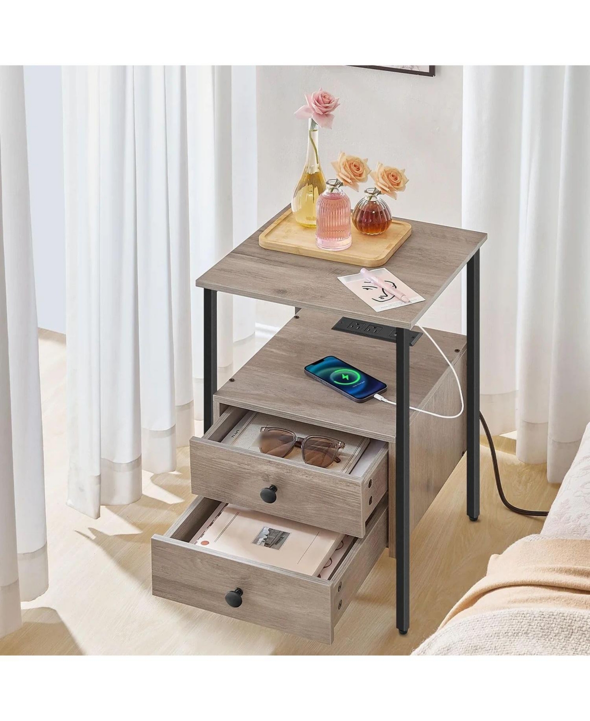 Slickblue End Table with Charging Station and 2 Drawers for Bedroom Storage