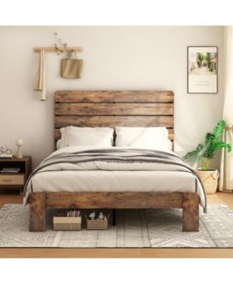 Full Size Wood Platform Bed Frame with Metal Frame, Industrial Style, Wood Slats, No Box Spring Needed, Under-Bed Storage