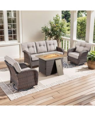 Patio Wicker Furniture Set with Fire Pit Table, 4Pieces  PE Rattan Conversation Set with Outdoor Fire Table