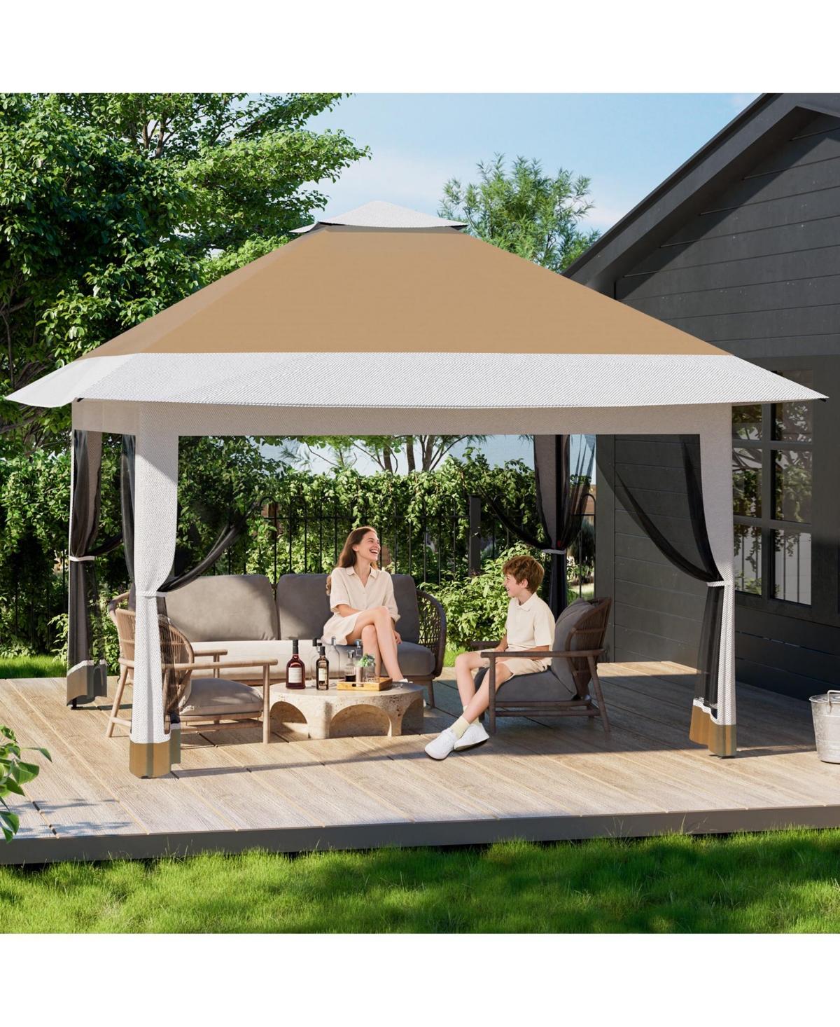 homfan 12 x Feet Cantilevered Folding Shelter With Roll-Up Eaves And Mesh Sidewalls, Pop-Up Patio Canopy For Backyard