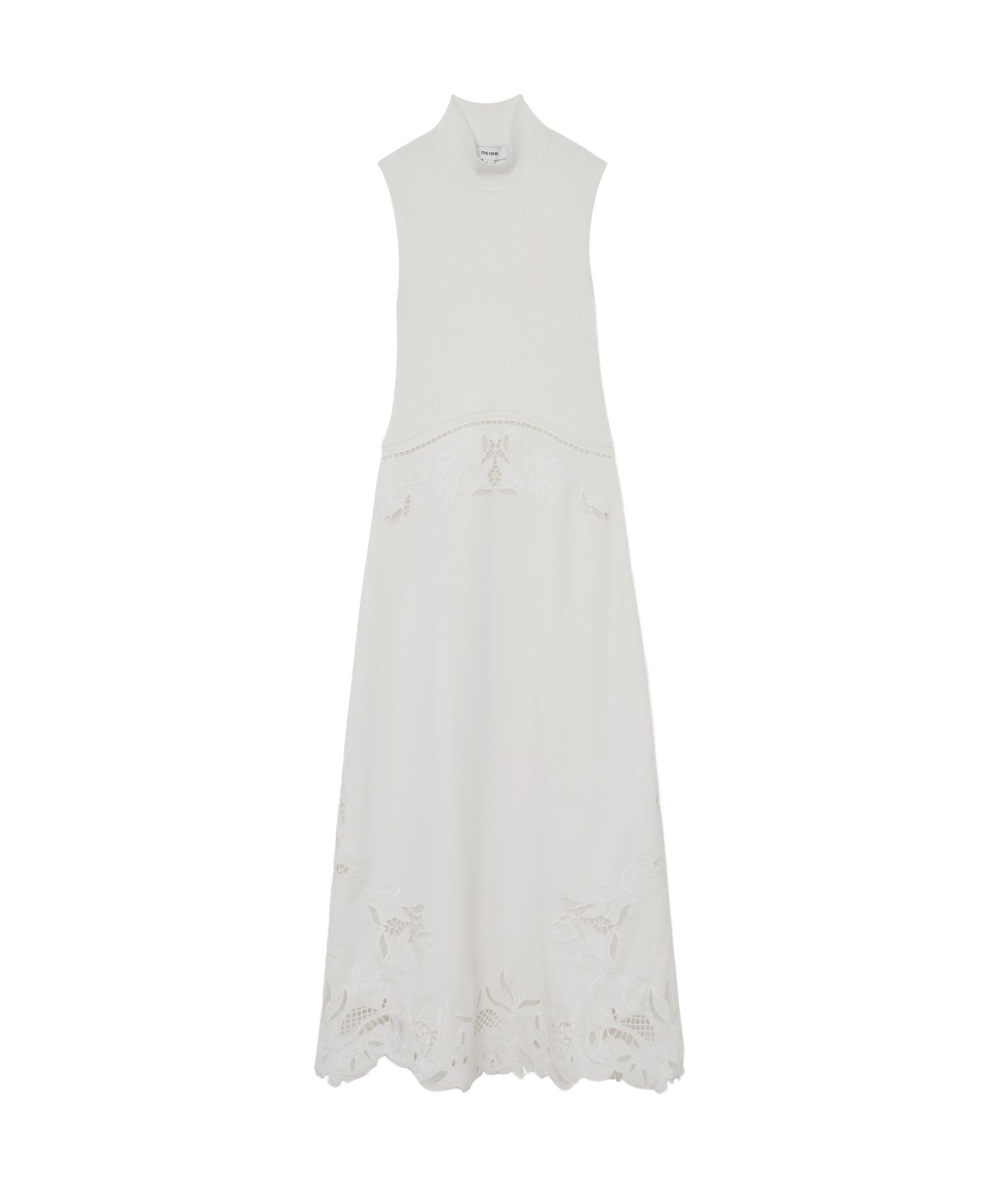 Женское платье REISS Rib-Knit Mix Broderie Midi, цвет: Слоновая кость — фото 5