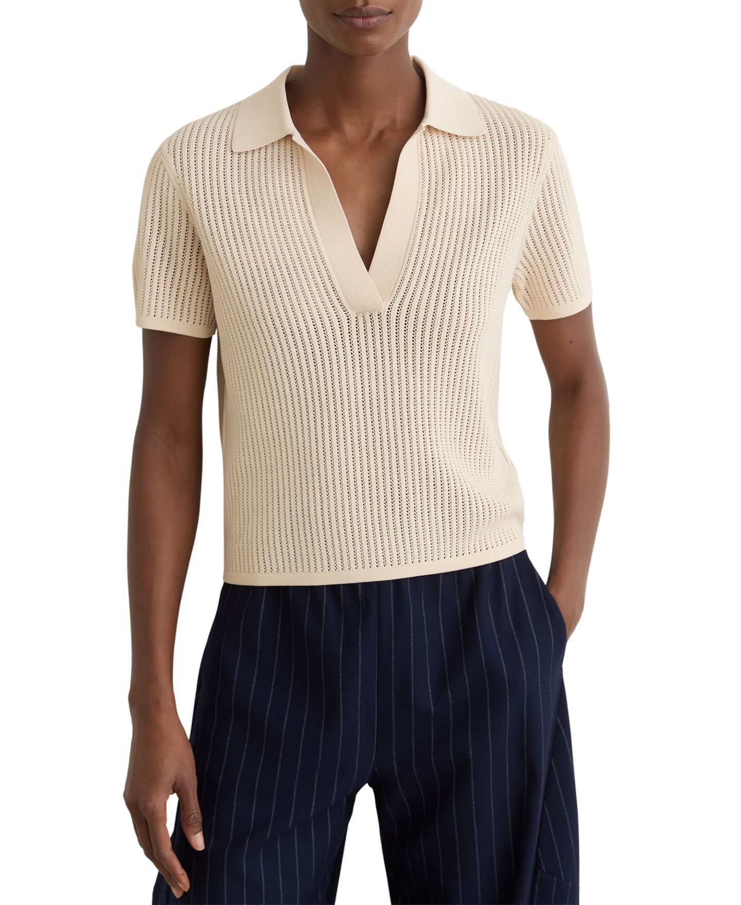 Женский топ REISS Open-Stitch Knitted Polo, цвет: Слоновая кость — фото 1