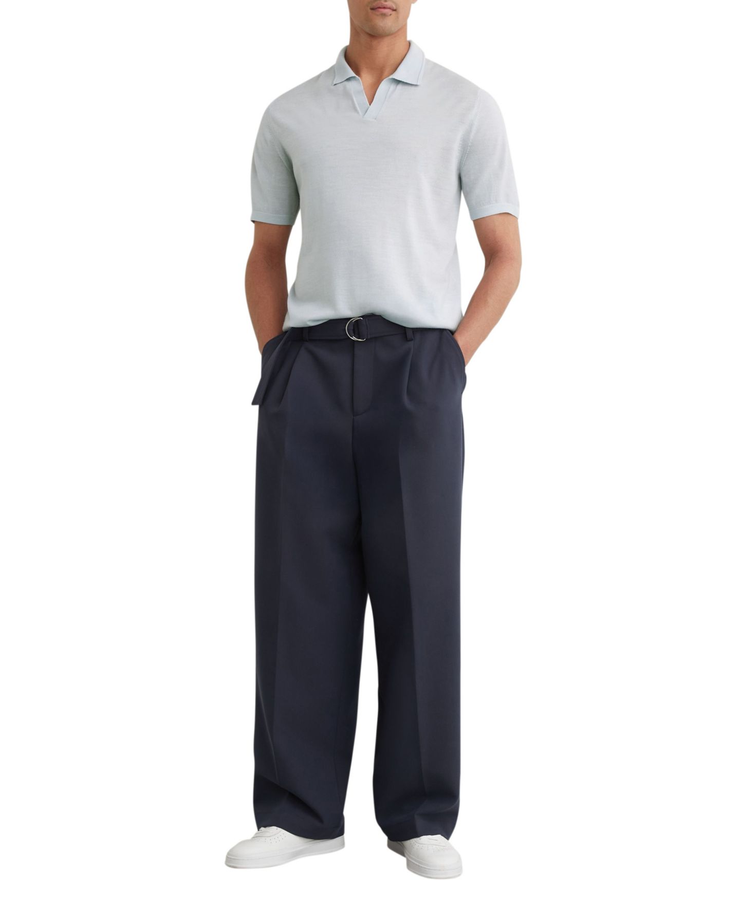 Мужское поло REISS Duchie Open Collar Merino Wool Polo Shirt, цвет: Синий, вариант 1 — фото 2