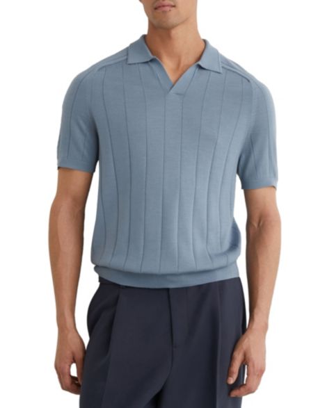 Мужская рубашка REISS Chelmsford Open Collar Wide Rib Merino Wool Jumper Polo Shirt, цвет: Синий