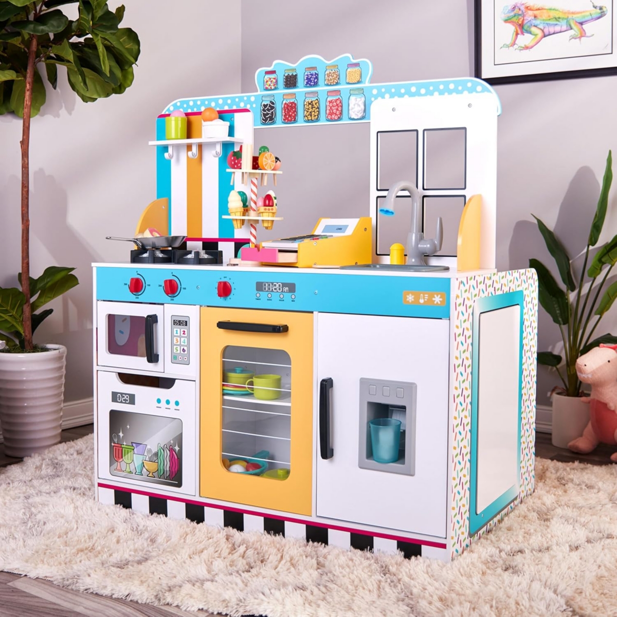 Lil' Jumbl Double-Sided Ice Cream Parlor Pretend Play Set, Wooden Diner Set with Cash Register and More