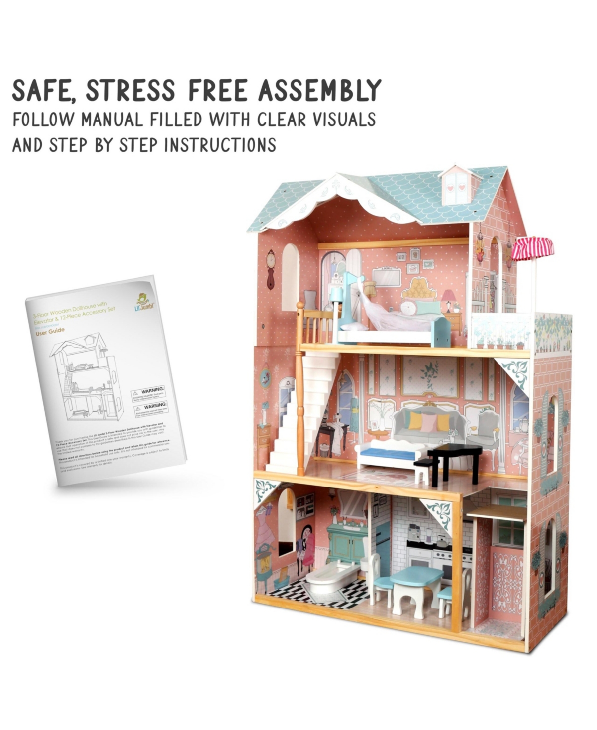 Lil' Jumbl X-Large Wooden Dollhouse, 3 Story Doll House Set w/Elevator, Stairs and Accessories