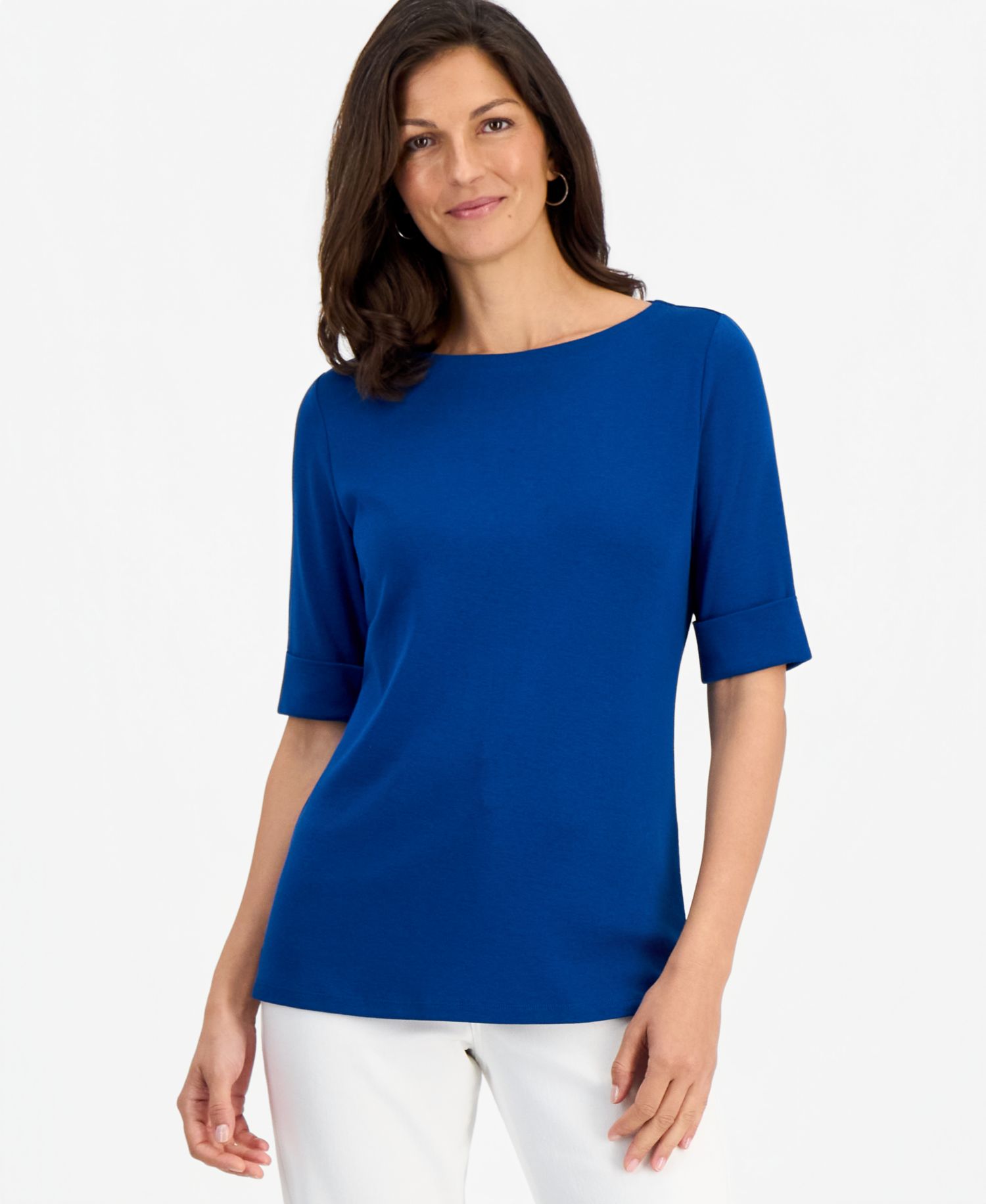 Petite Cotton Elbow-Sleeve Boat-Neck Top