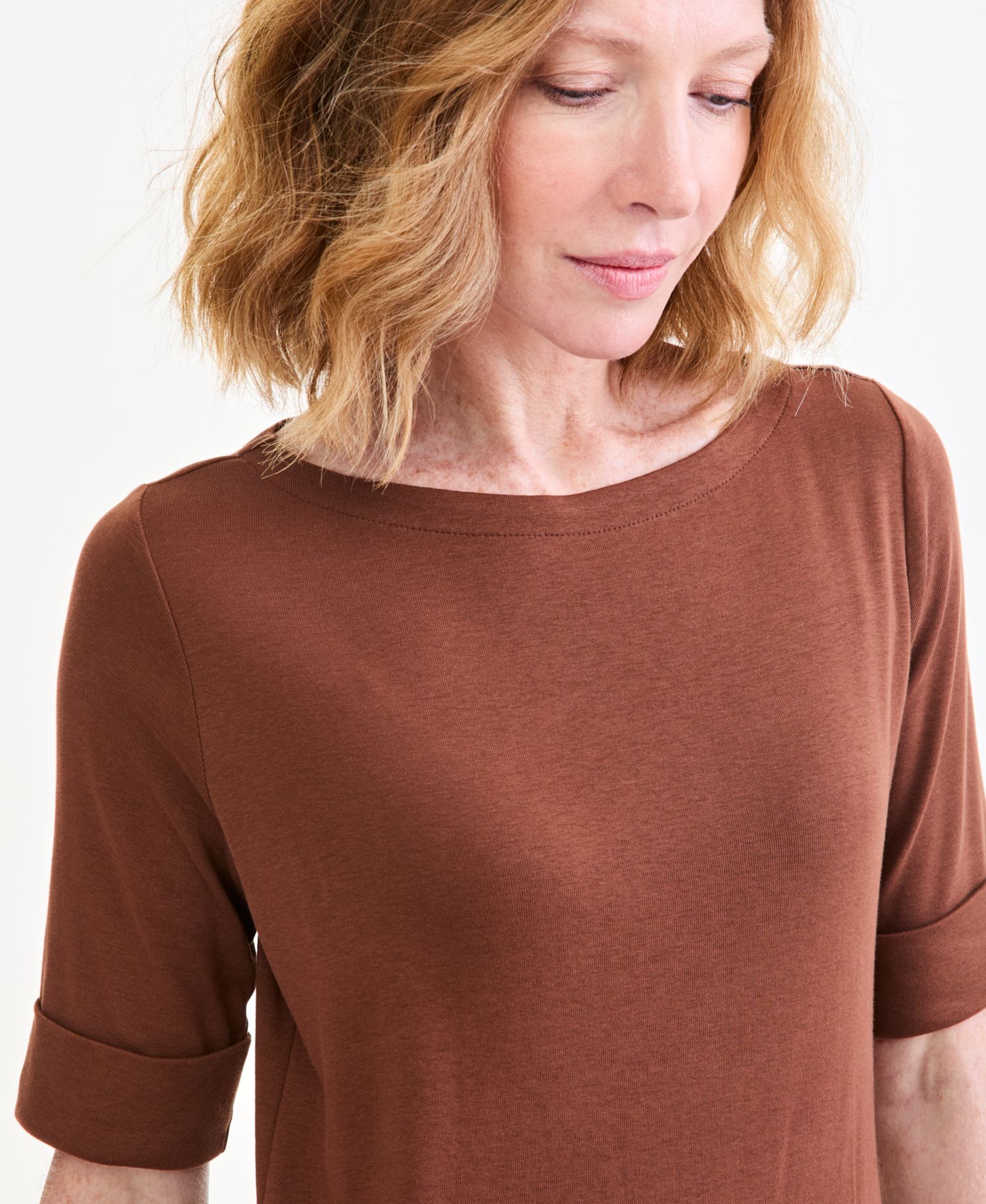 Petite Cotton Elbow-Sleeve Boat-Neck Top