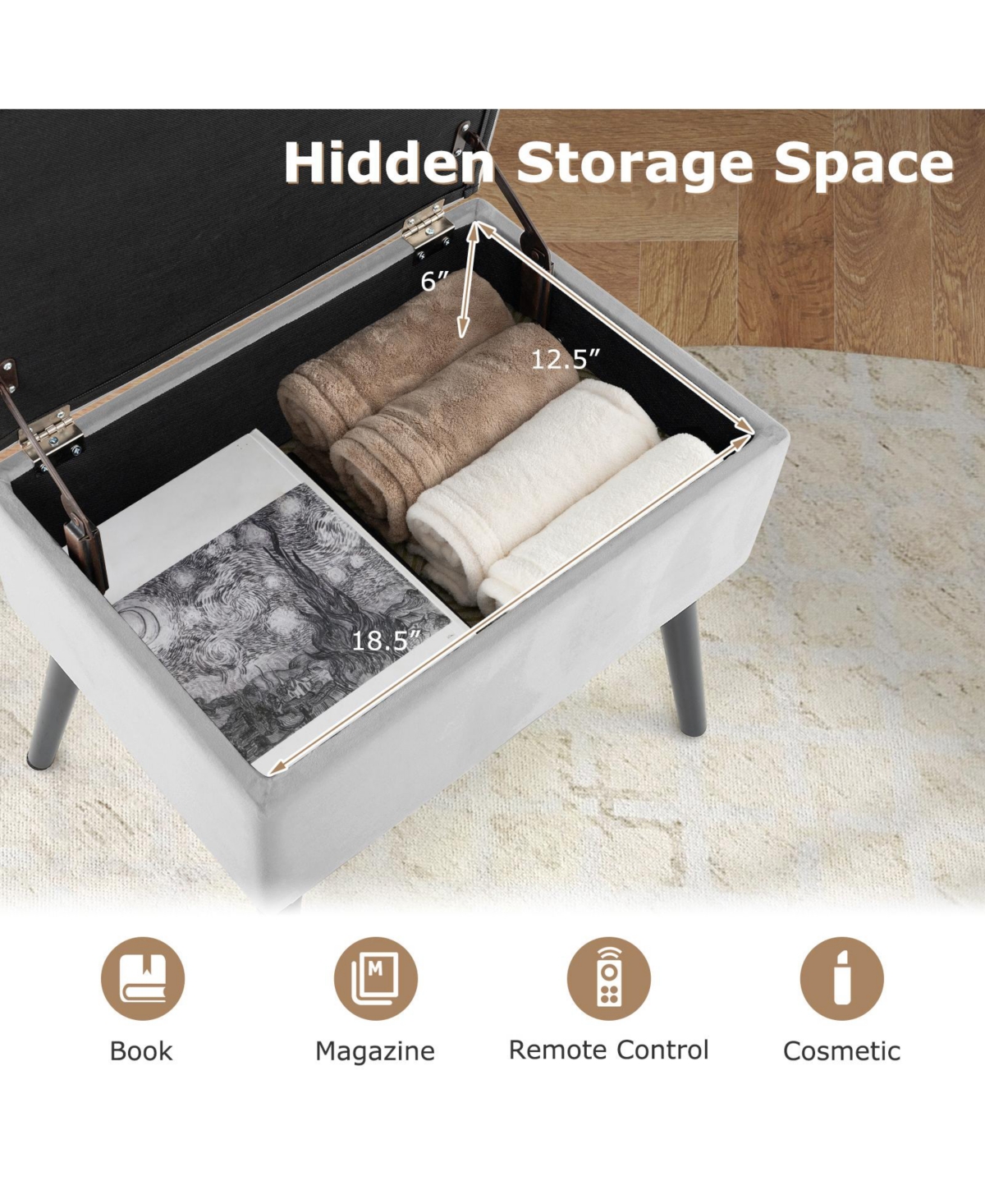 Gouun Velvet Storage Ottoman with Hinged Lid and Solid Wood Legs, 21 x 15 x 18.5 in