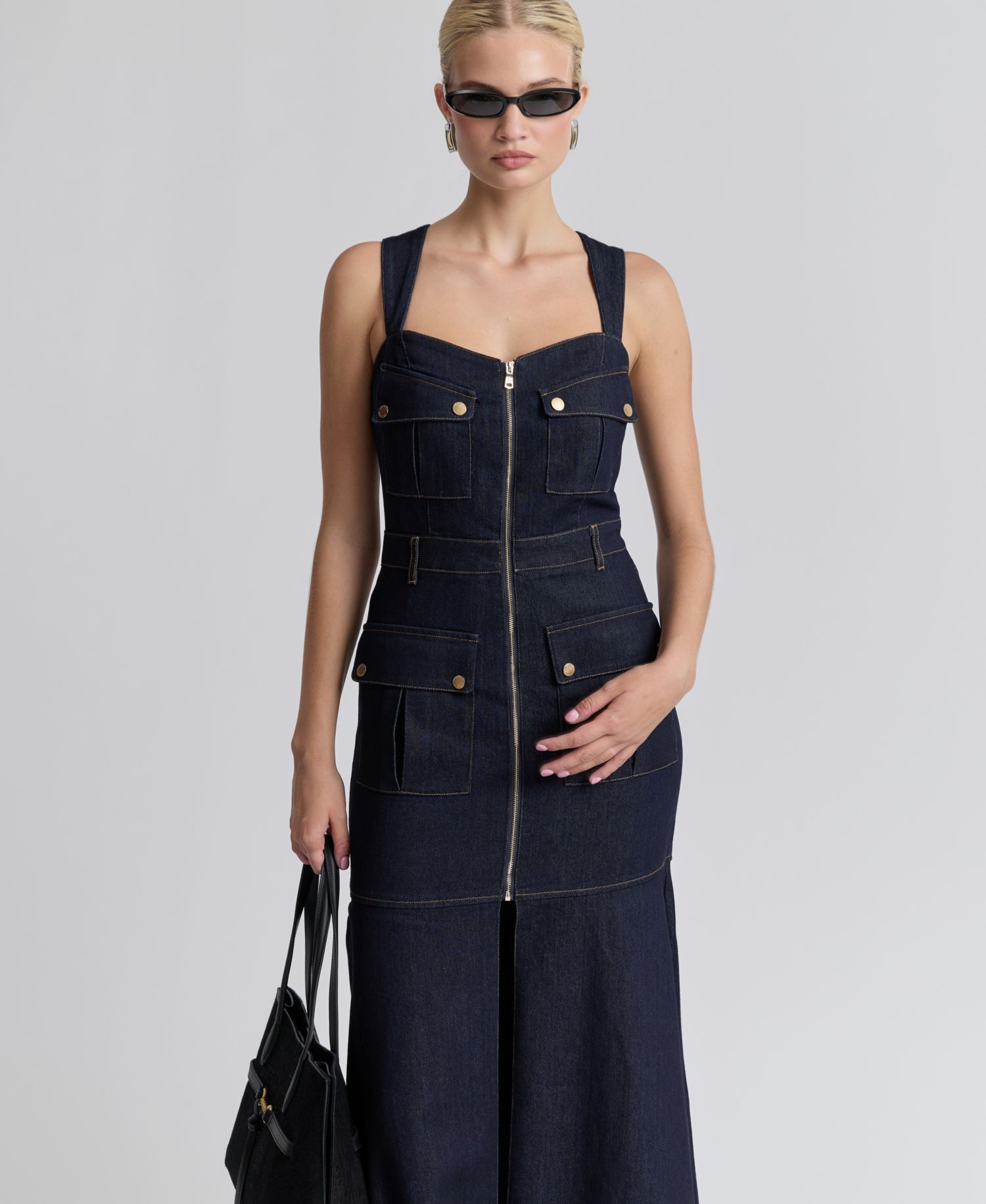 Women's Stretch Denim Cargo Zip-Front Midi Dress