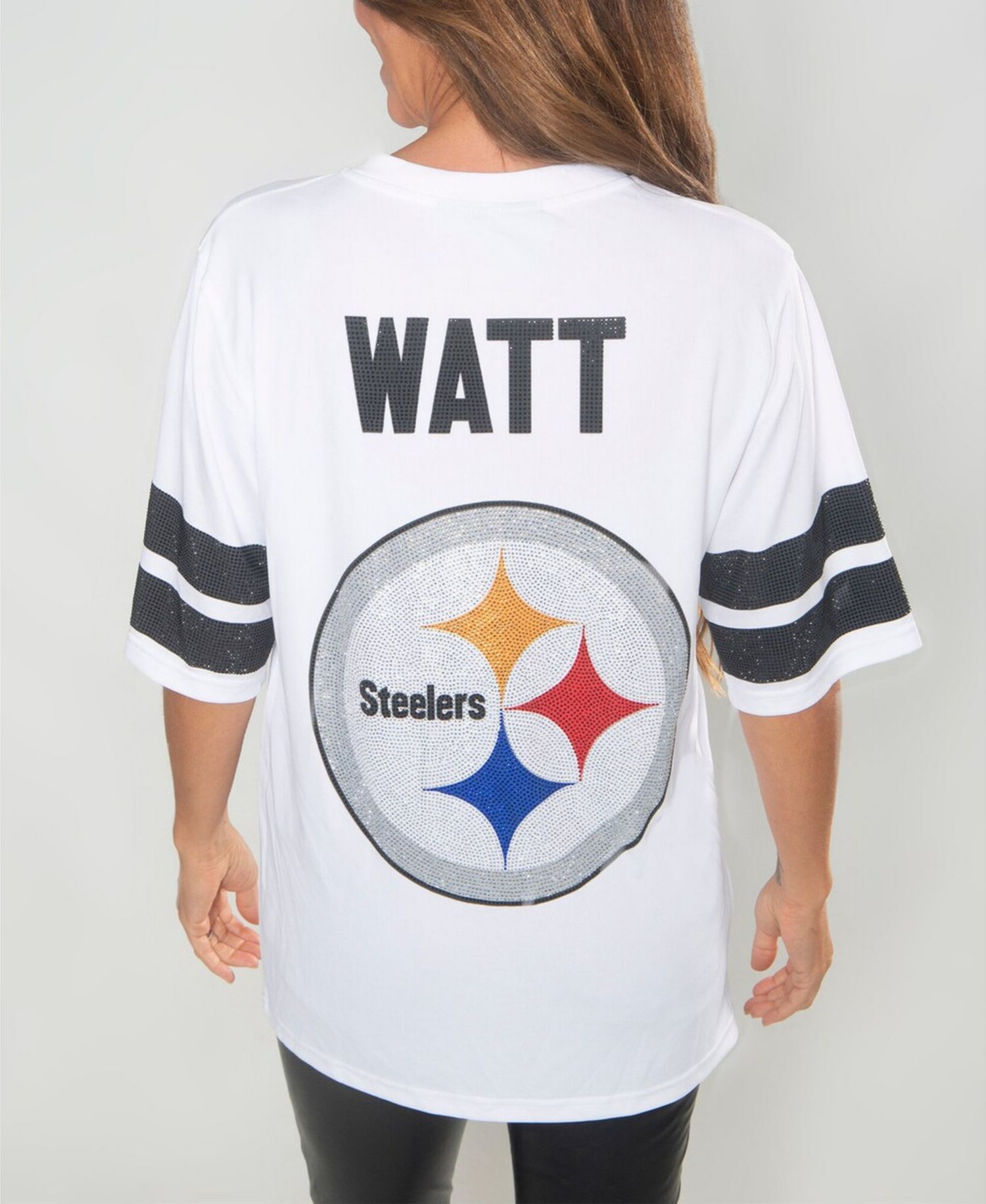 Women's T.J. Watt White Pittsburgh Steelers Crystal V-Neck Tunic