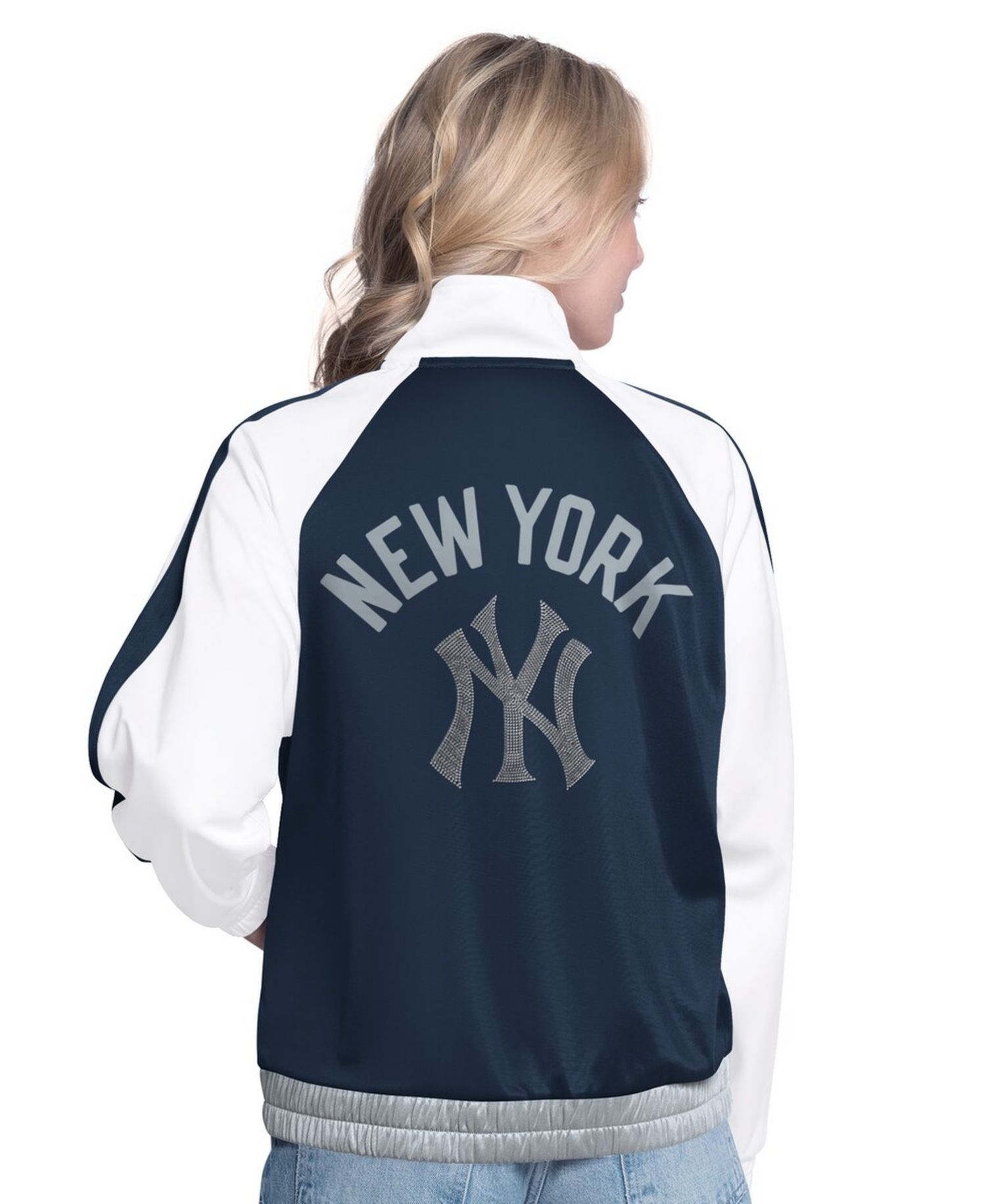 Women's White/Navy New York Yankees Rally Rhinestone Raglan Full-Zip Track Jacket