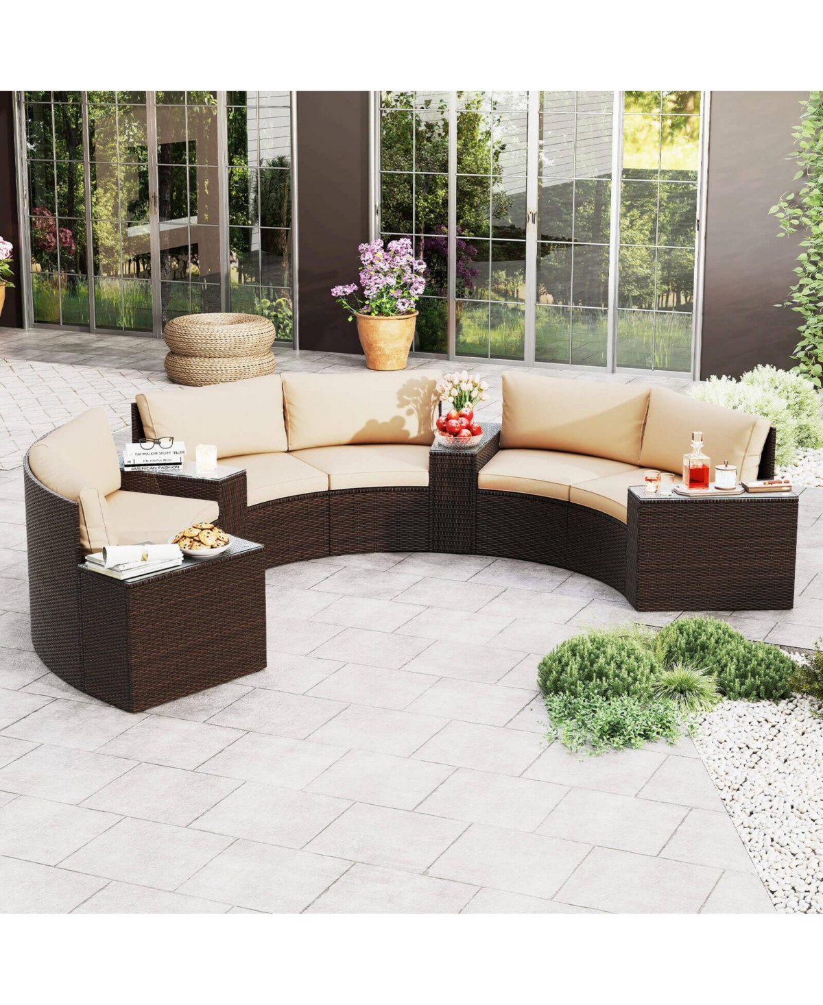 Costway 7 Piece Patio Furniture Set with Tempered Glass Top Side Tables Back and Seat Cushions