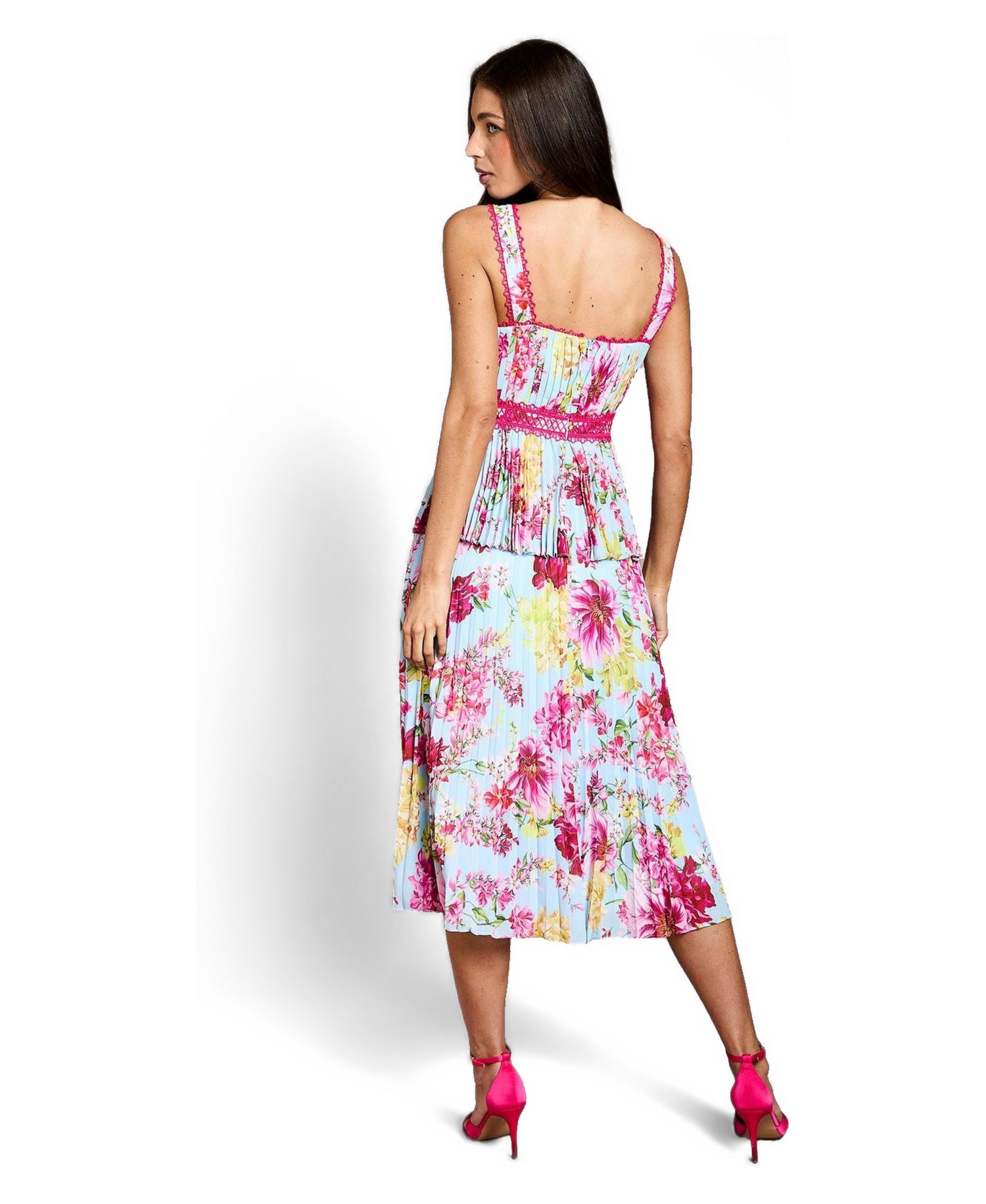 Women's Pleated Floral Square Neck Midi Dress