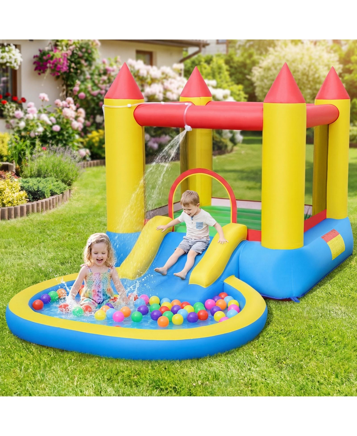 Gymax Inflatable Bounce House w/ Splash Pool Water Slide and Bouncy Area for Kids