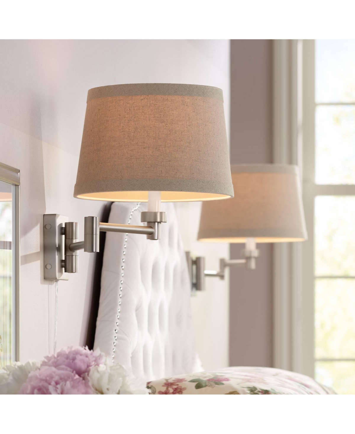 Possini Euro Design Modern Swing Arm Wall Lamps Set of 2 Brushed Nickel Plug-In Light Fixture Natural Linen Drum Shade for Bedroom
