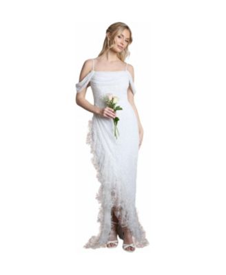 Women's Bardot Neck Feather Trim Maxi Dress