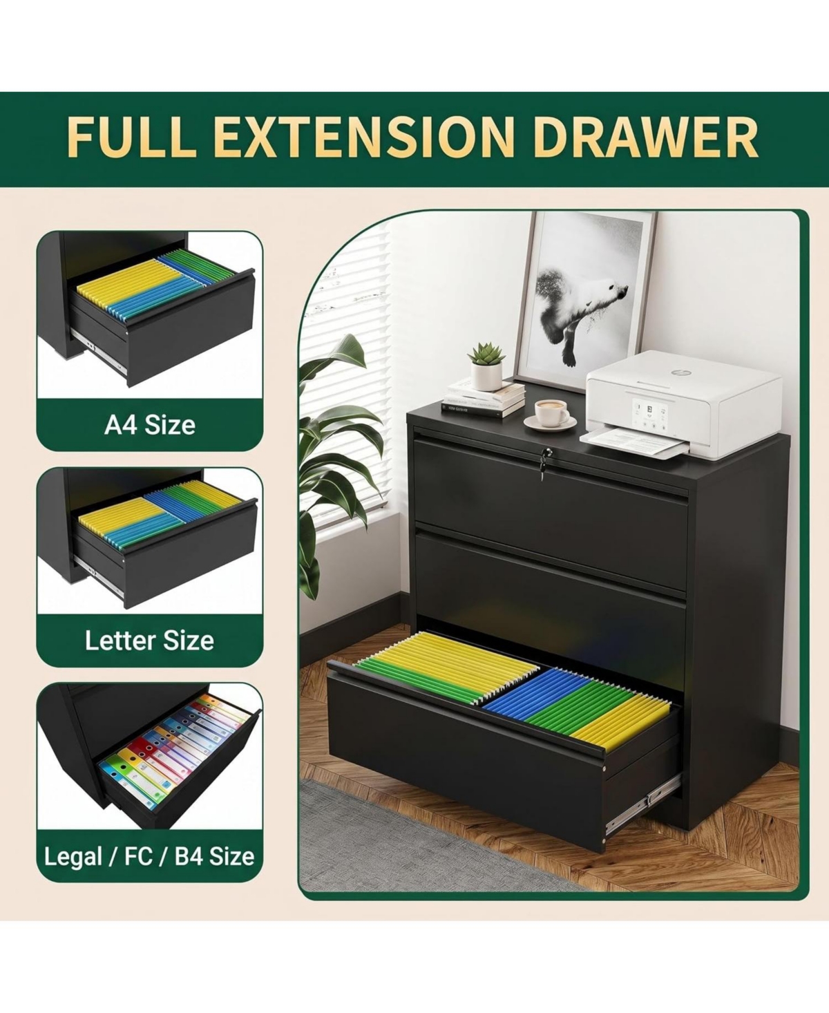 gaomon 40 Inch 3 Drawer Metal Filing Cabinet, Office Storage Cabinet for Living Room