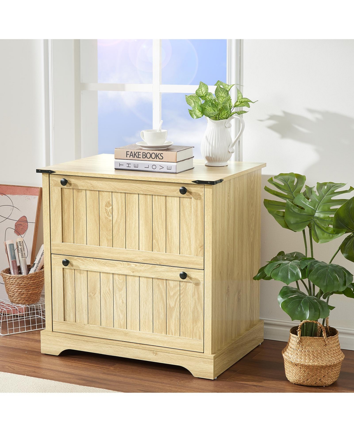 homfan 30 Inch Horizontal File Cabinet with 2 Drawers and Hanging File Folders, Wood Storage Cabinet for A4 Letter Legal Documents,Natural Color