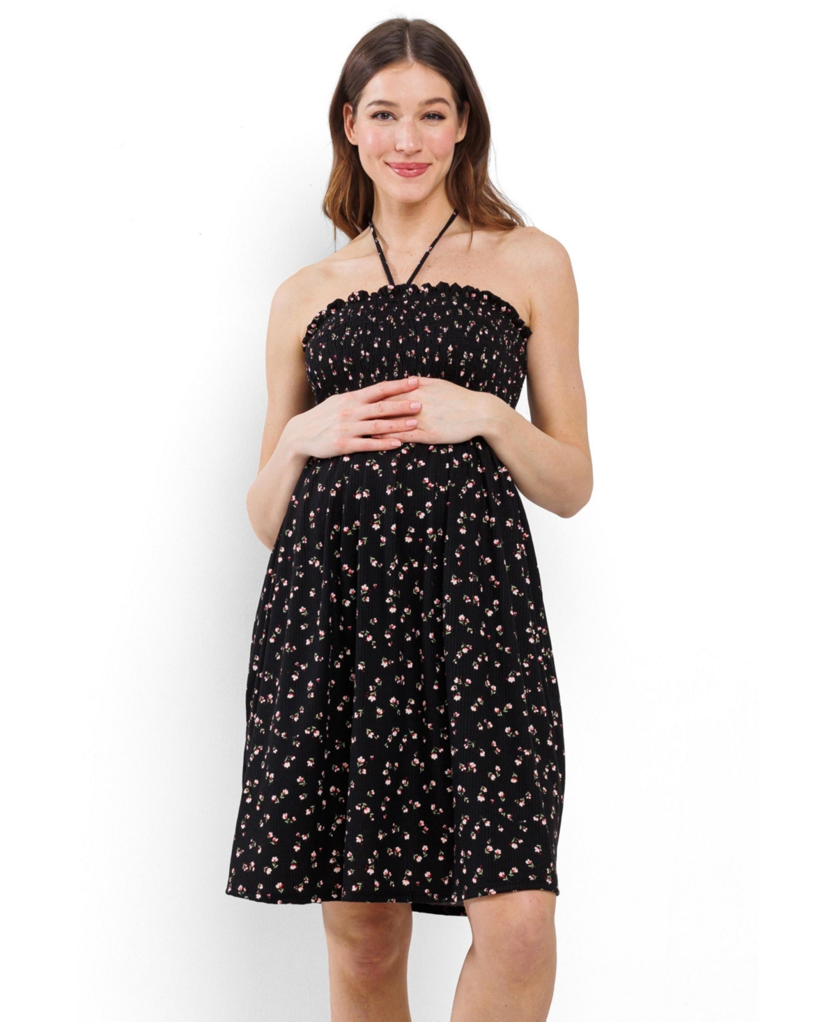 Hello Miz Maternity Floral Smocked Halter Dress with Pockets