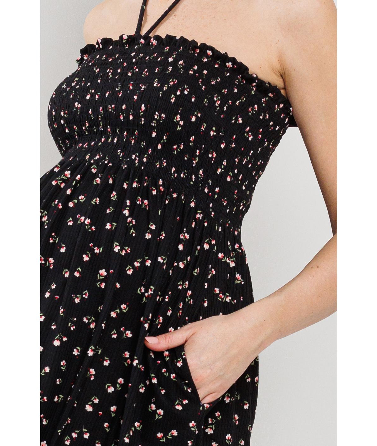 Hello Miz Maternity Floral Smocked Halter Dress with Pockets