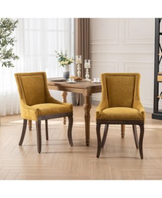 Furniture, Ultra Side Dining Chair, Thickened fabric chairs with neutrally toned solid wood legs, Bronze nail head, Set of 2