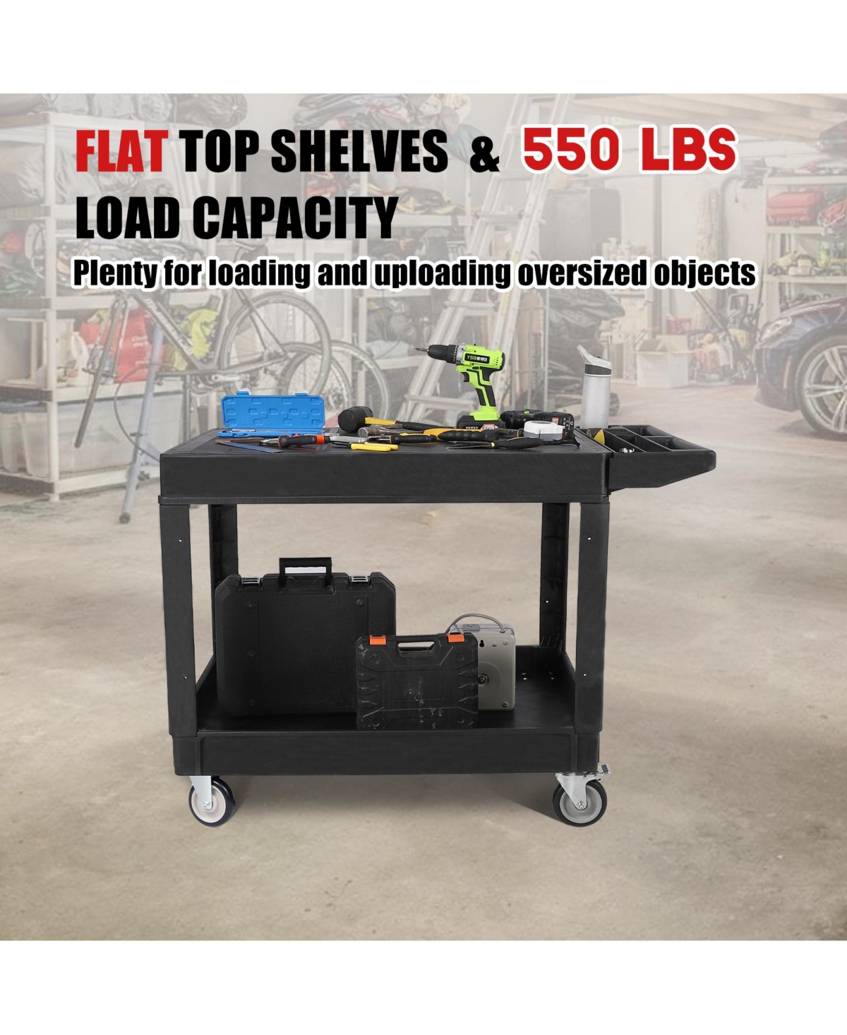 homfan 46.1L x 25.8W x 33.9H in Heavy Duty Utility Cart with Double Layer Shelves, Pp Tool Trolley for Garage Warehouse Workshop